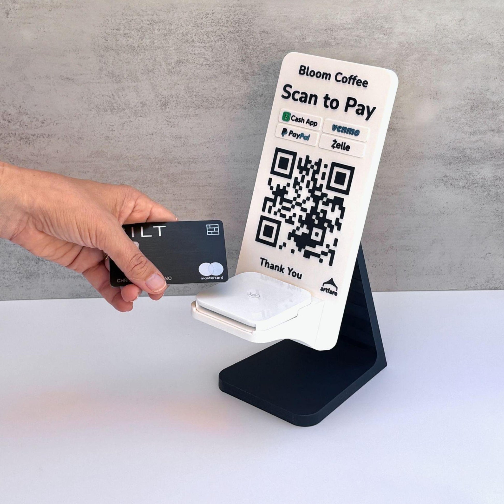 Artfare Ultra Square card reader holder taking a tap-to-pay card payment 