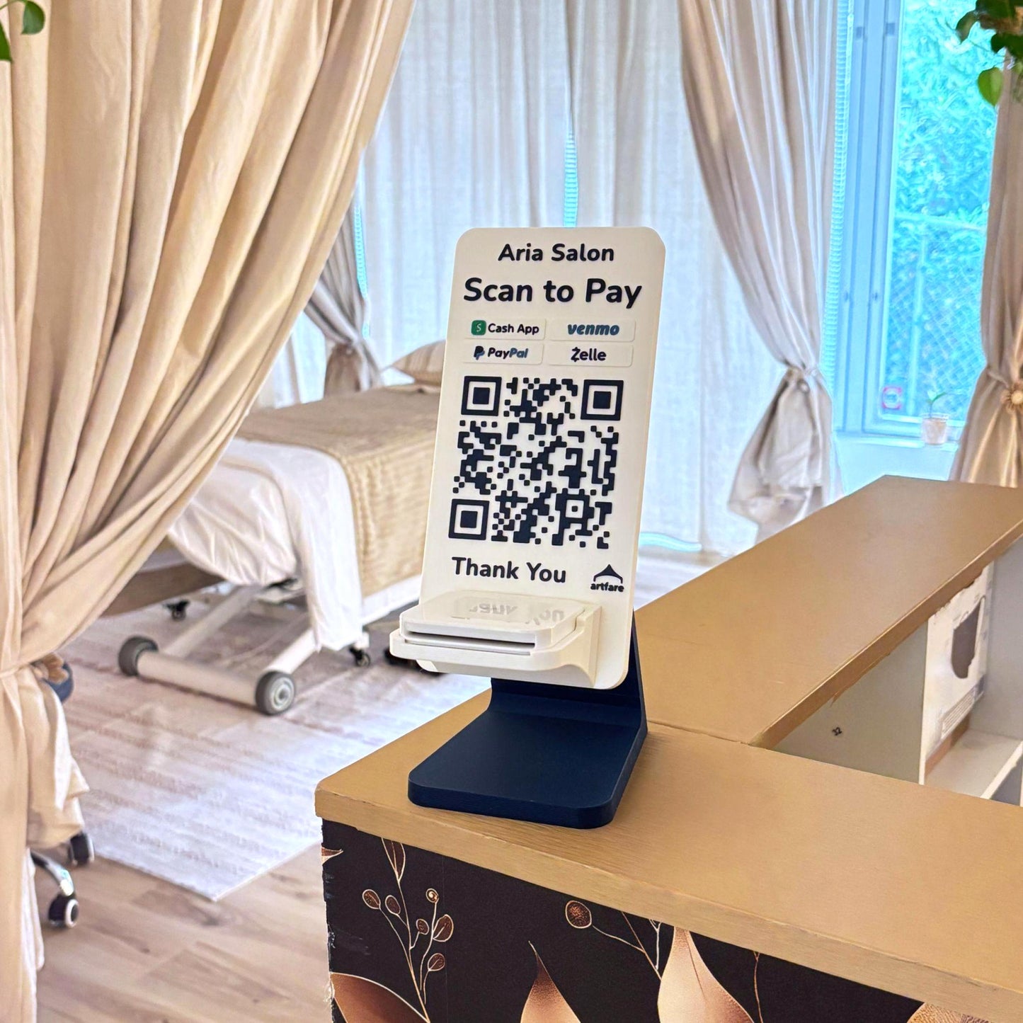 Artfare Ultra QR payment sign with Square reader holder cafe display