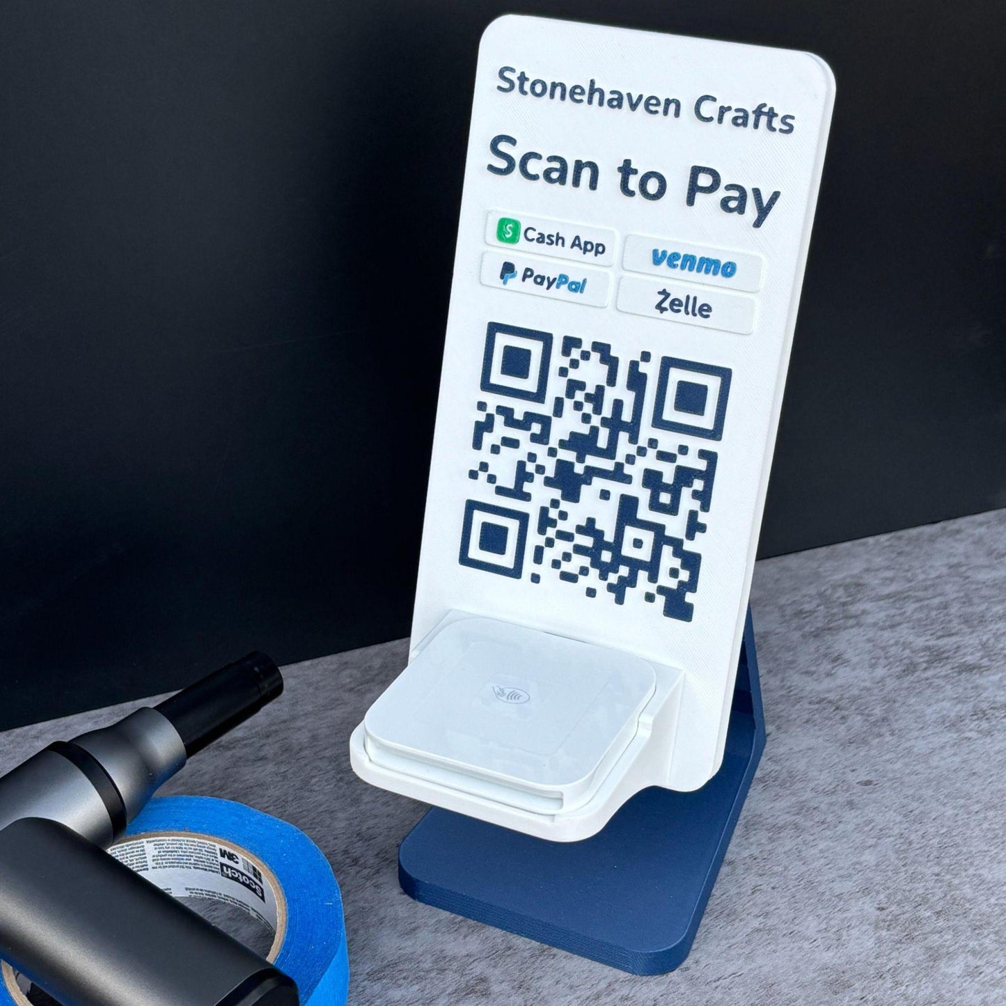 Artfare Ultra QR payment sign with Square reader holder angled countertop view