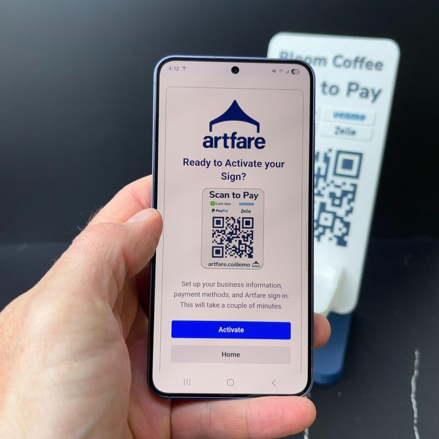 Artfare Ultra QR payment sign with Square reader holder phone scan to activate
