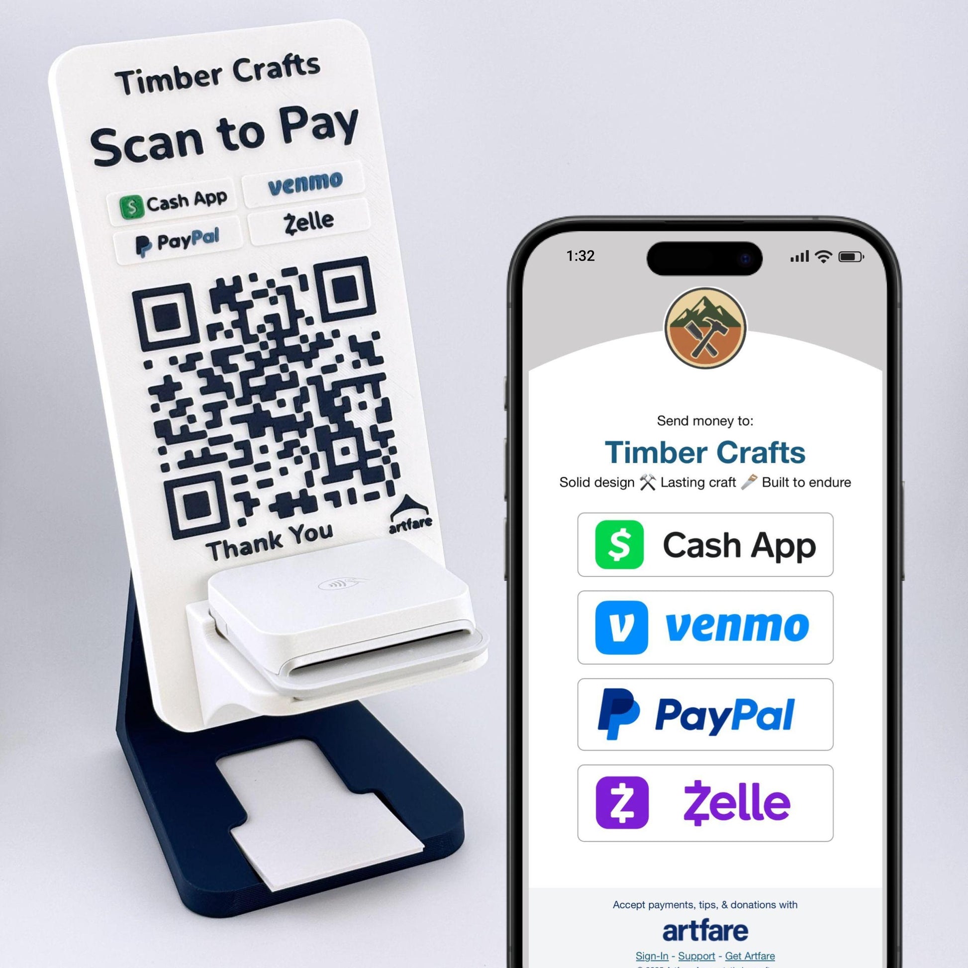 Artfare Ultra Stripe card reader holder showing QR payment acceptance for Venmo Cash App PayPal Zelle