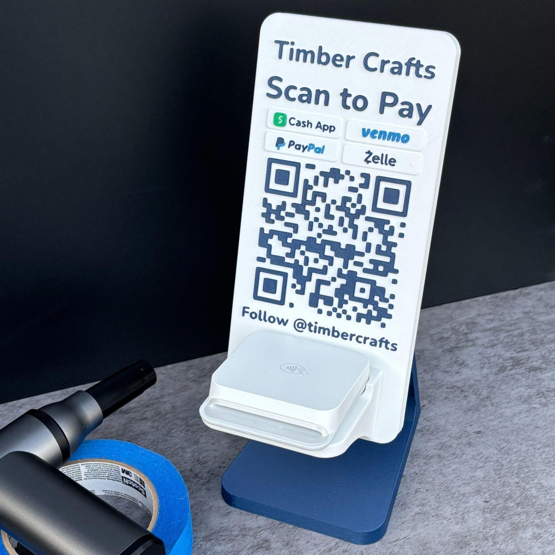 Artfare Ultra QR payment sign with Stripe reader holder angled countertop view