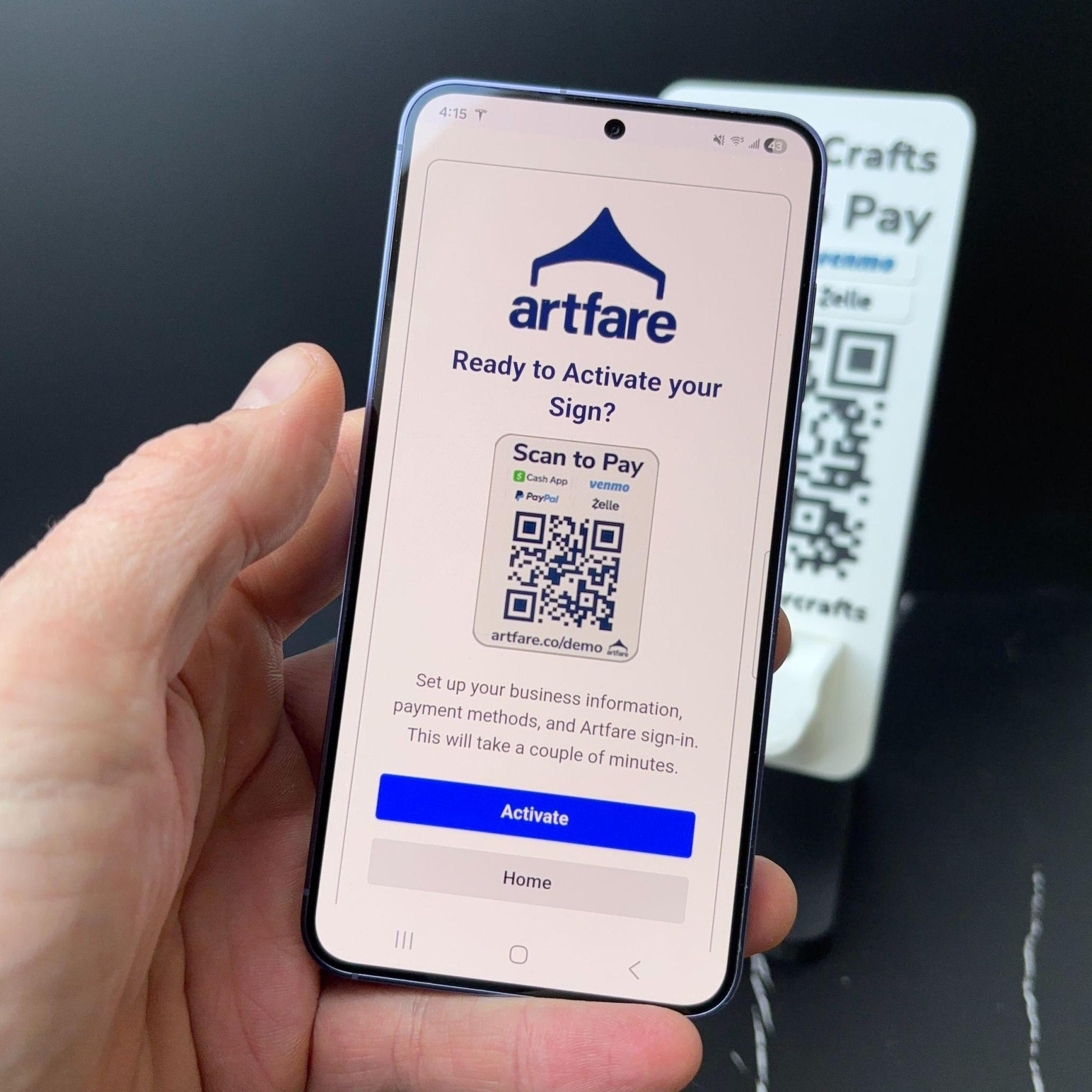 Artfare Ultra QR payment sign with Stripe reader holder phone scan example scan to activate